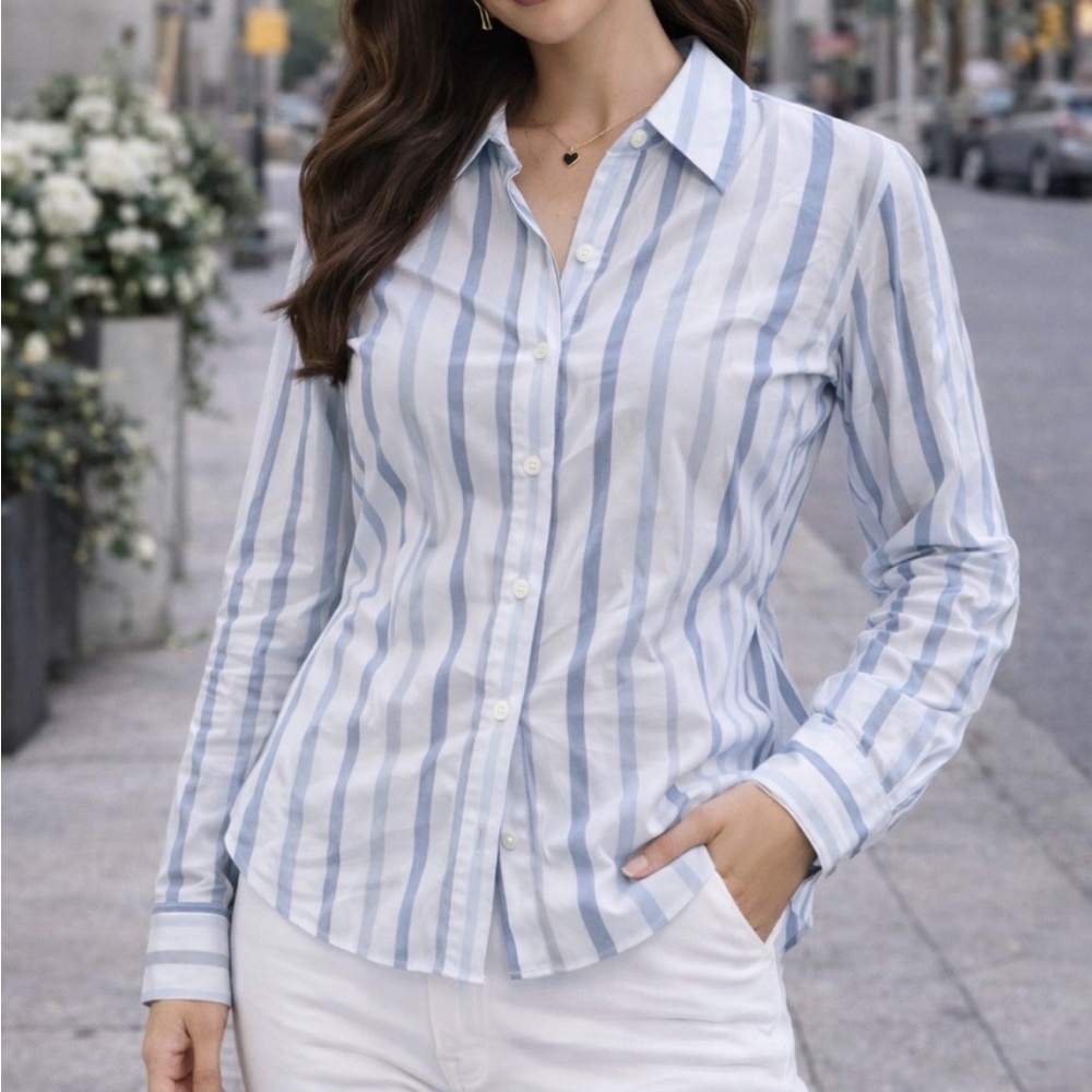 Eleventy Light Blue and White Striped Button Down Shirt
